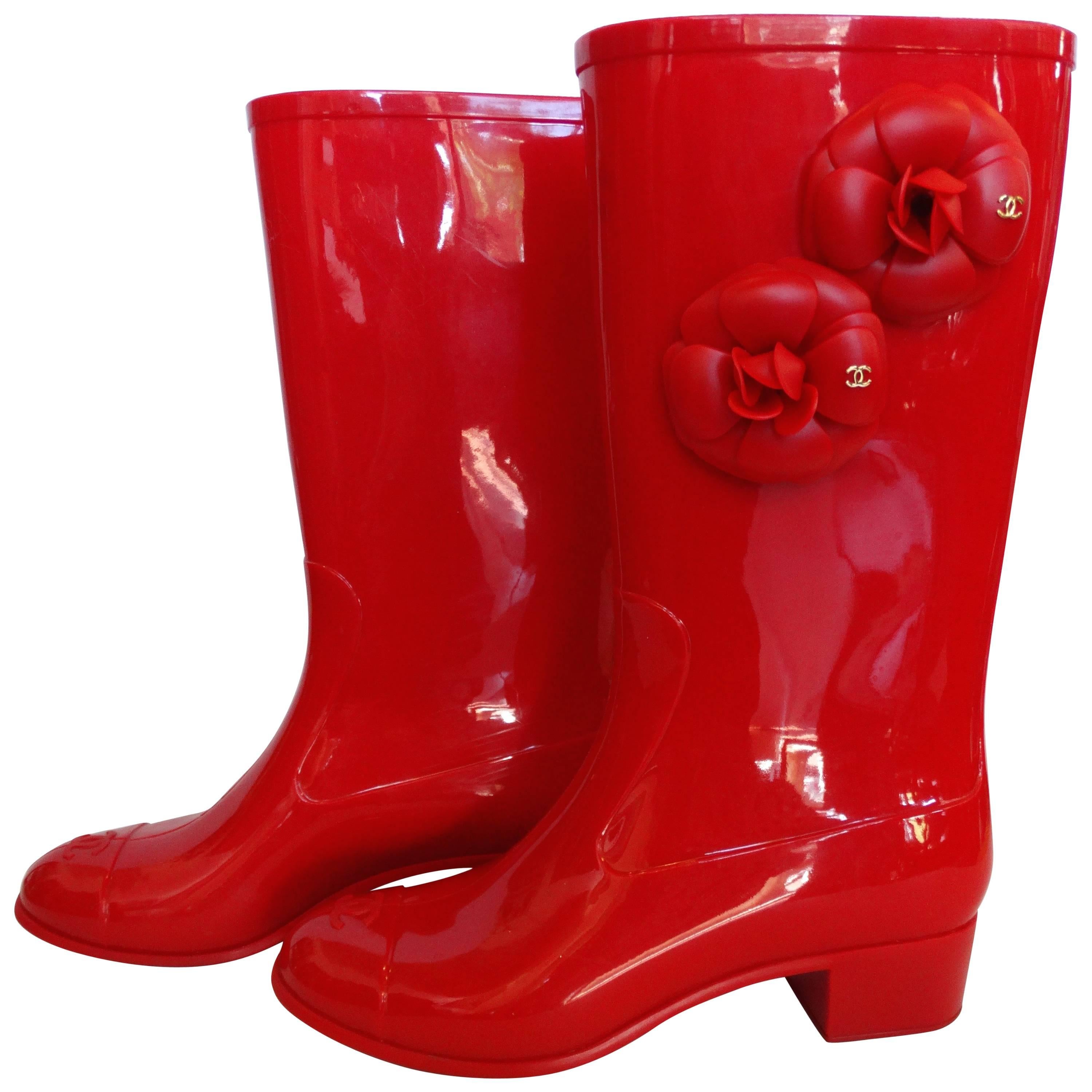 Chanel Red Camellia Flower Wellies 