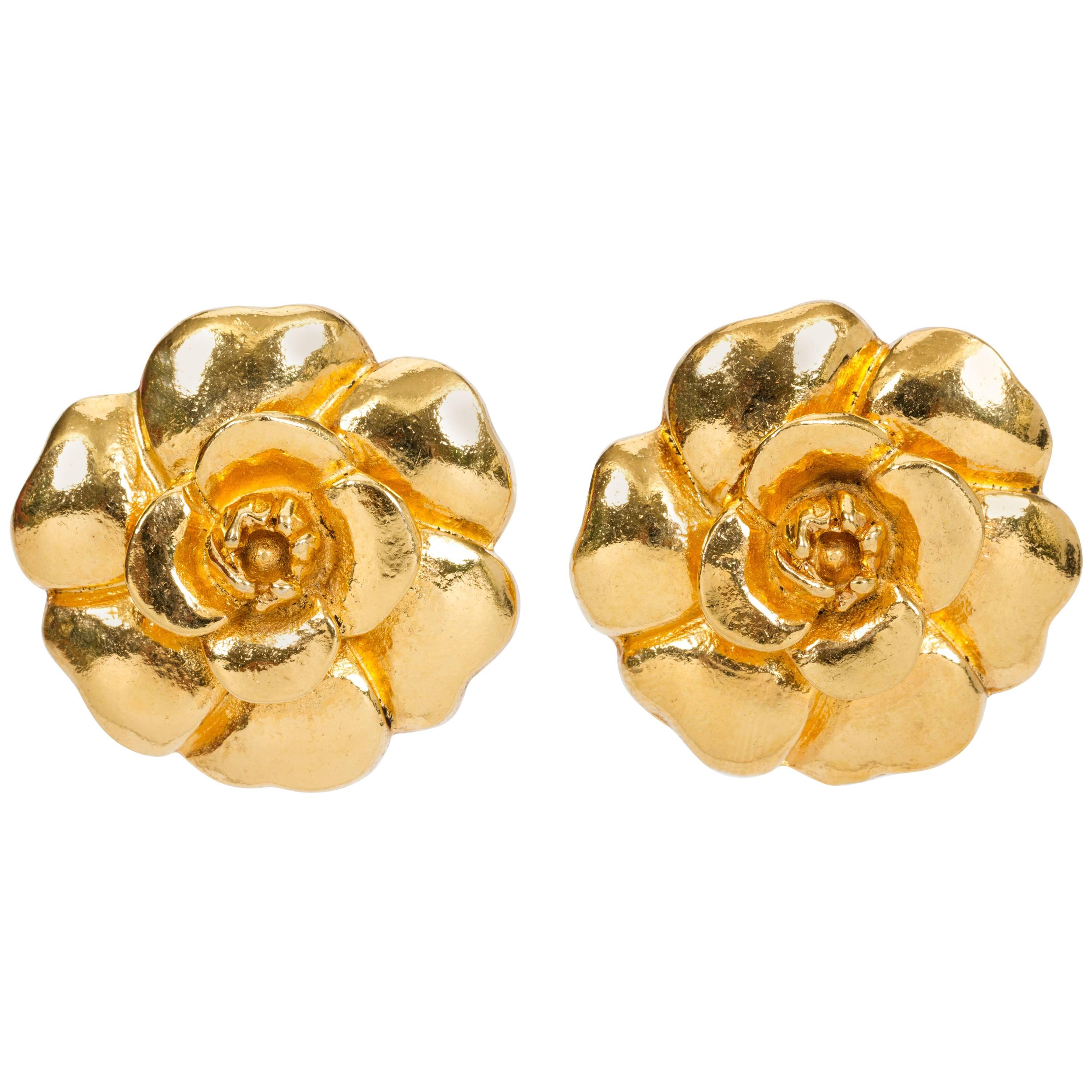 1970's Chanel Camellia Gold Clip Earrings