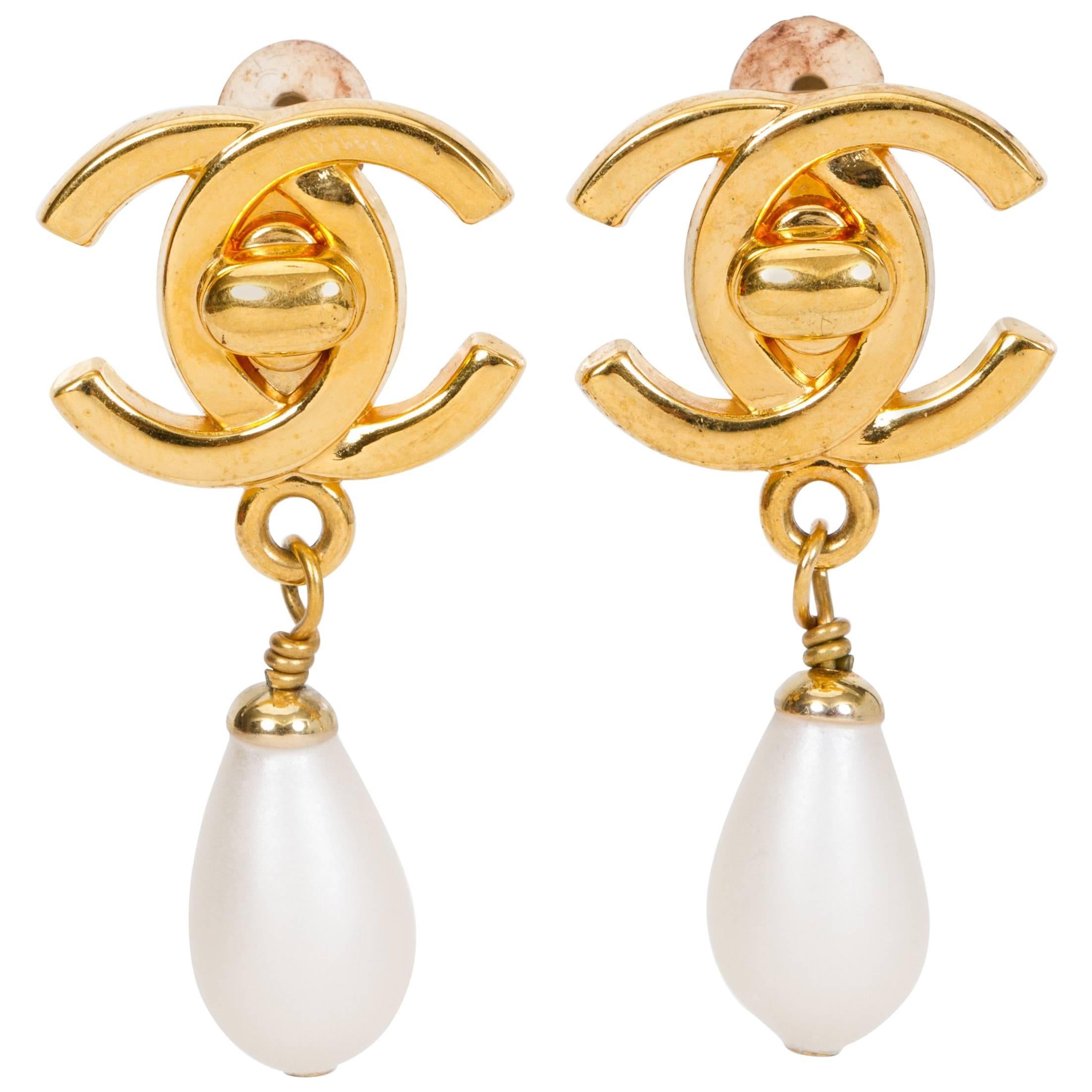 Chanel Pearl Turnlock Clip Earrings