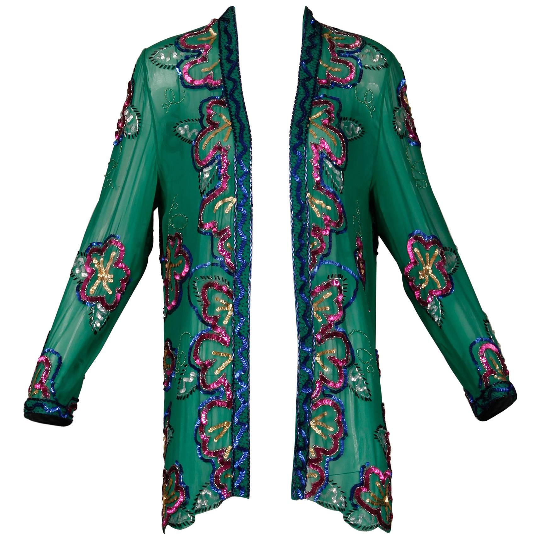 1980s Fabrice Vintage Green Sheer Silk Sequin + Beaded Jacket or Cardigan
