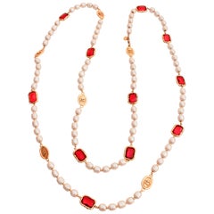 Chanel Red Gripoix and Faux Pearl Opera Necklace Gold CC Logo Medallions 1981