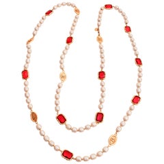 Chanel Red Gripoix and Faux Pearl Opera Necklace Gold CC Logo Medallions 1981