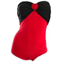 Vintage Yves Saint Laurent 1980s Heart Shape Red + Black 80s One Piece Swimsuit