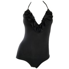 Vintage 1970s Bill Blass Sexy Ruffle Plunging Black One Piece Halter Bodysuit Swimsuit