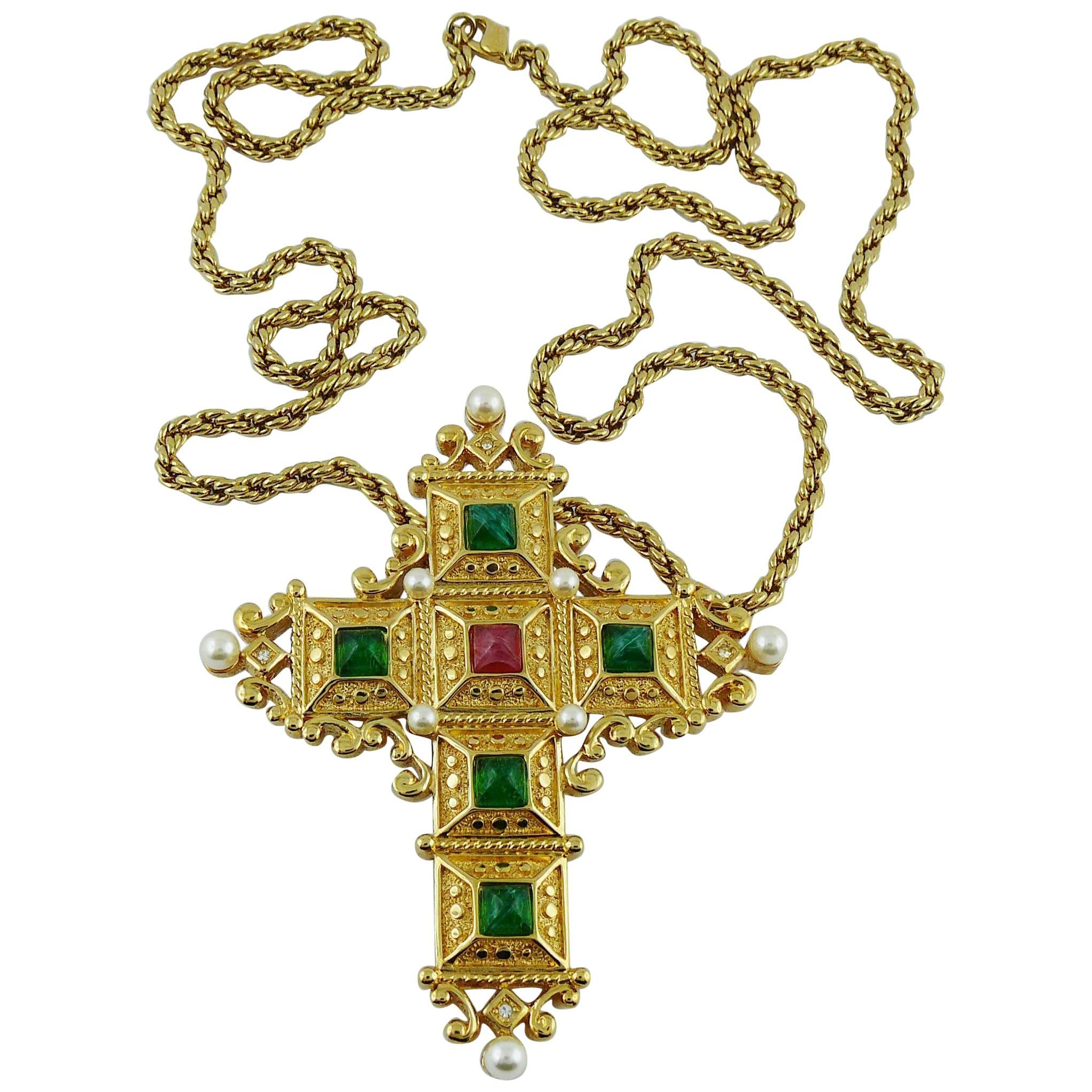 Christian Dior Vintage Bejeweled Cross Pendant Necklace Brooch
