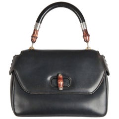 GUCCI Vintage Blue Leather TOP HANDLE BAG w/ BAMBOO Detail