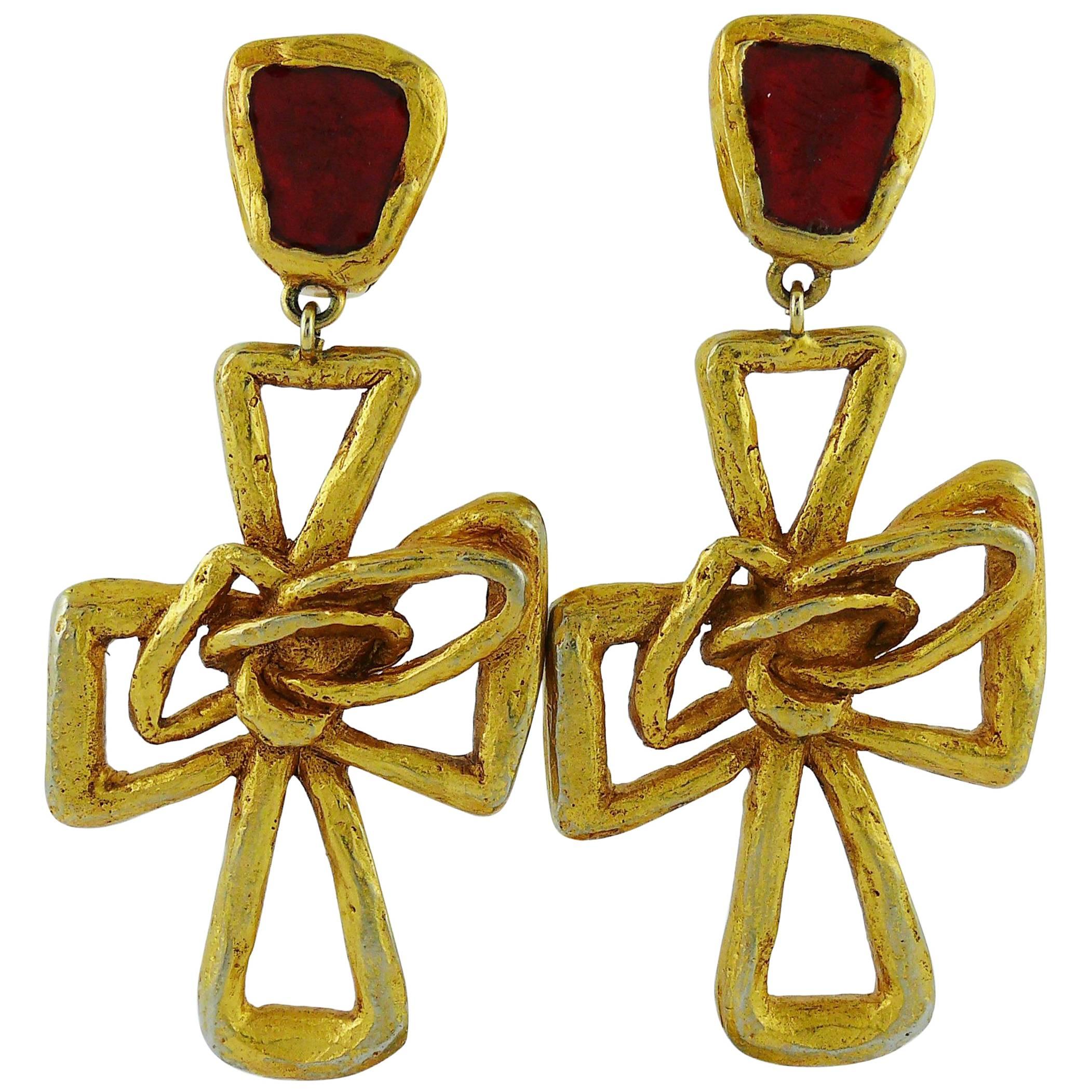 Christian Lacroix Vintage Massive Gold Toned Cross Dangling Earrings
