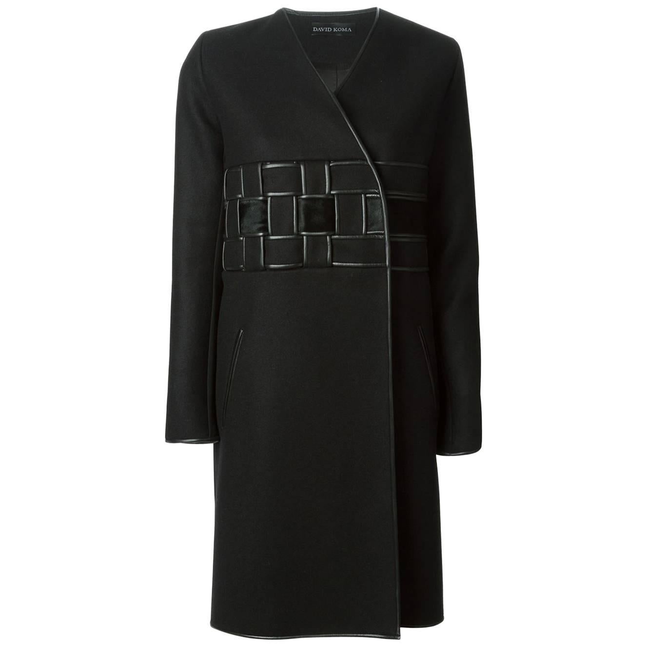 New DAVID KOMA Leather Wool Fur Woven Detail Coat UK 10   For Sale