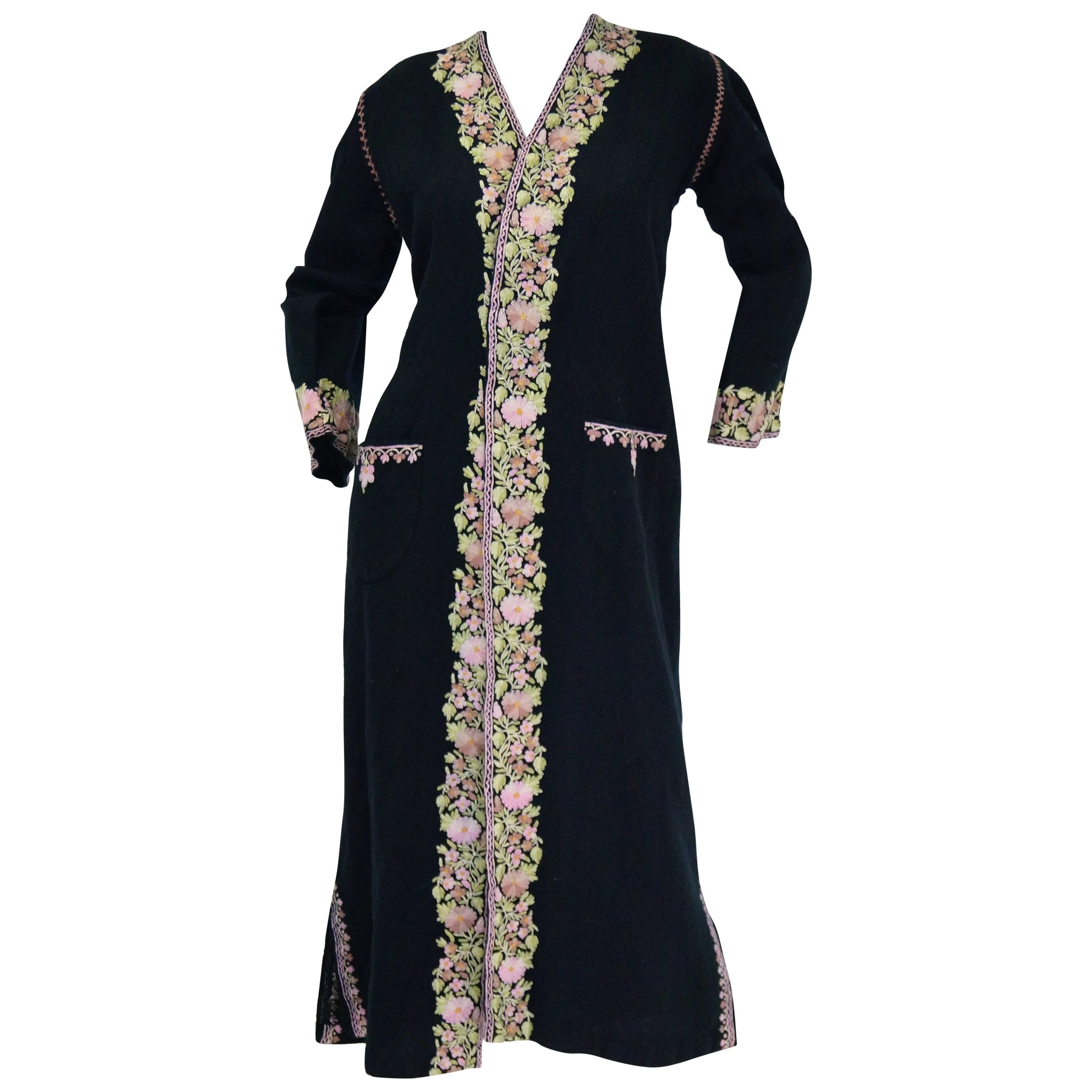 Vintage Kashmiri Crewel Embroidered Wool Coat 