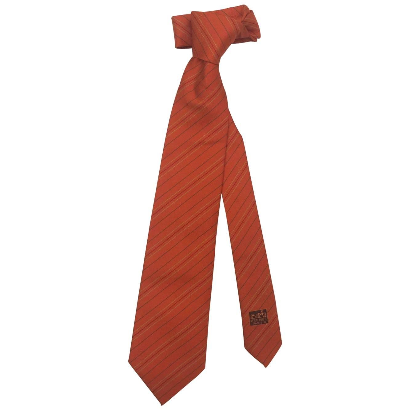 Men's Handsome Hermes Heavy Silk Classic Stripe Neck Tie in Verte Orange, 58"L