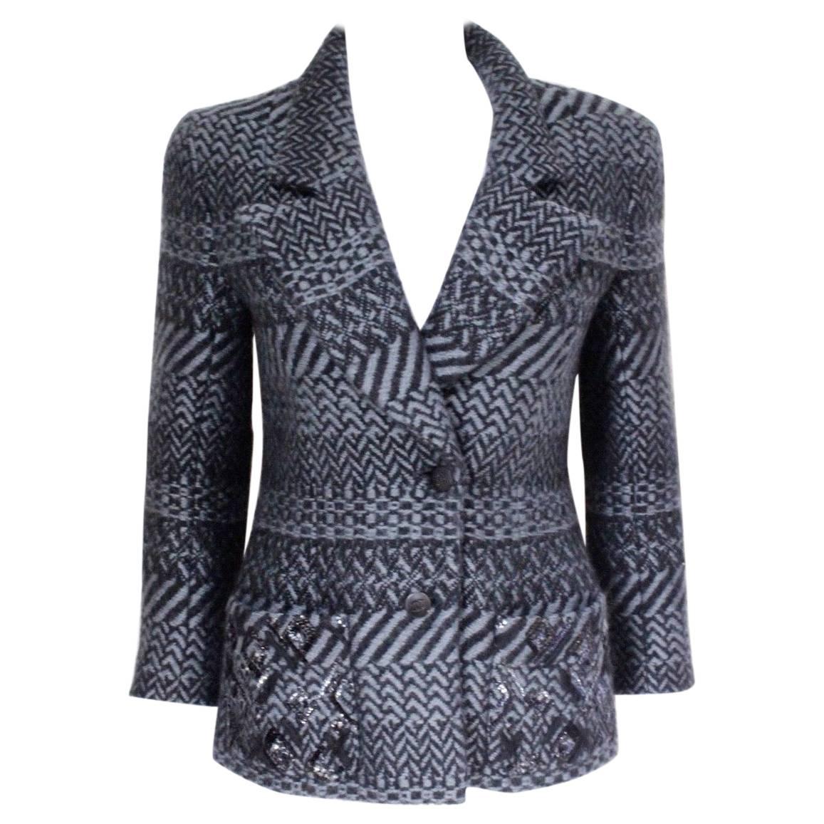Authentic Chanel Blue Chevron Wool Sequin Jacket F 38 uk 10 For Sale