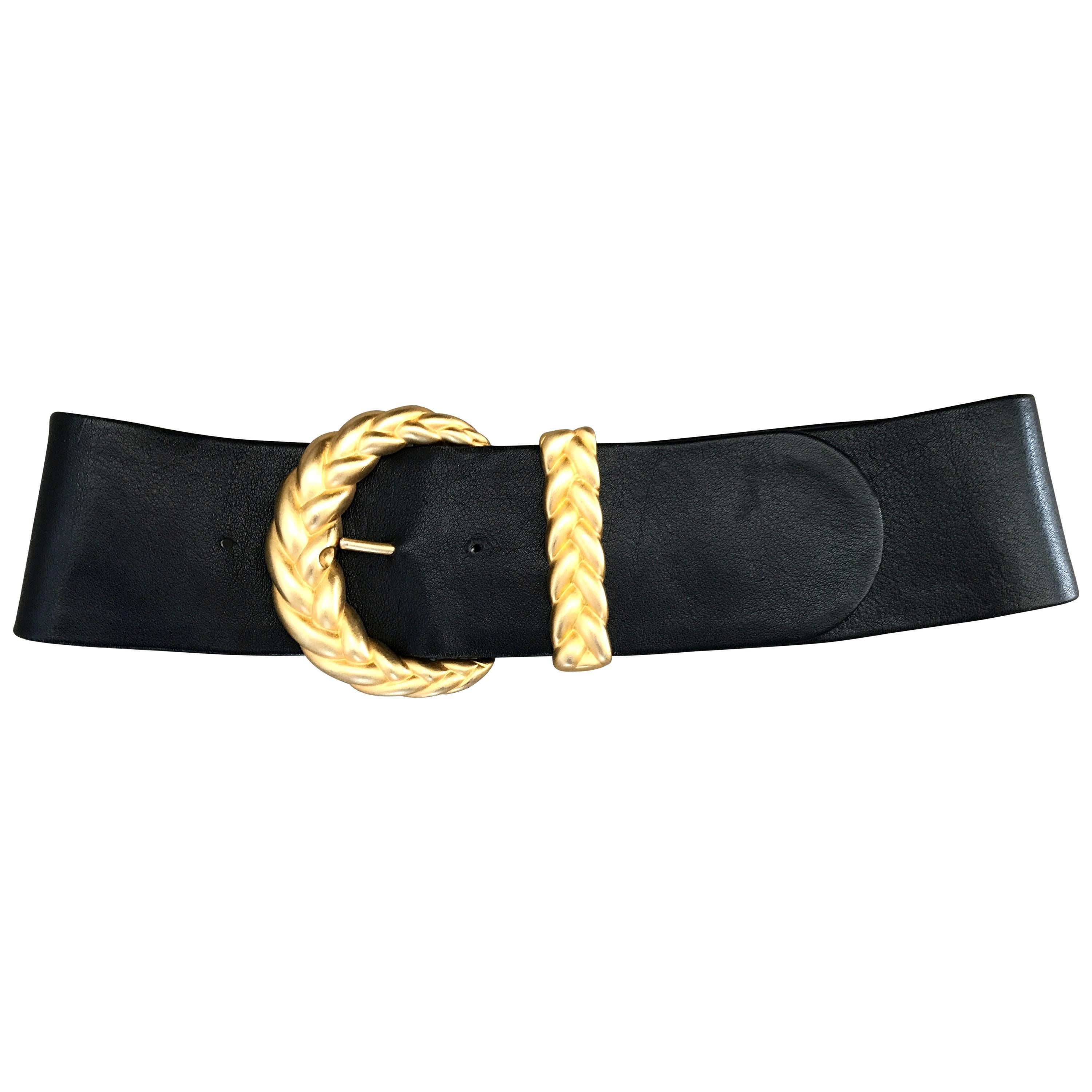 Chic 1990s Anne Klein for Calderon Black and Gold Vintage 90s Classic Wide Belt For Sale