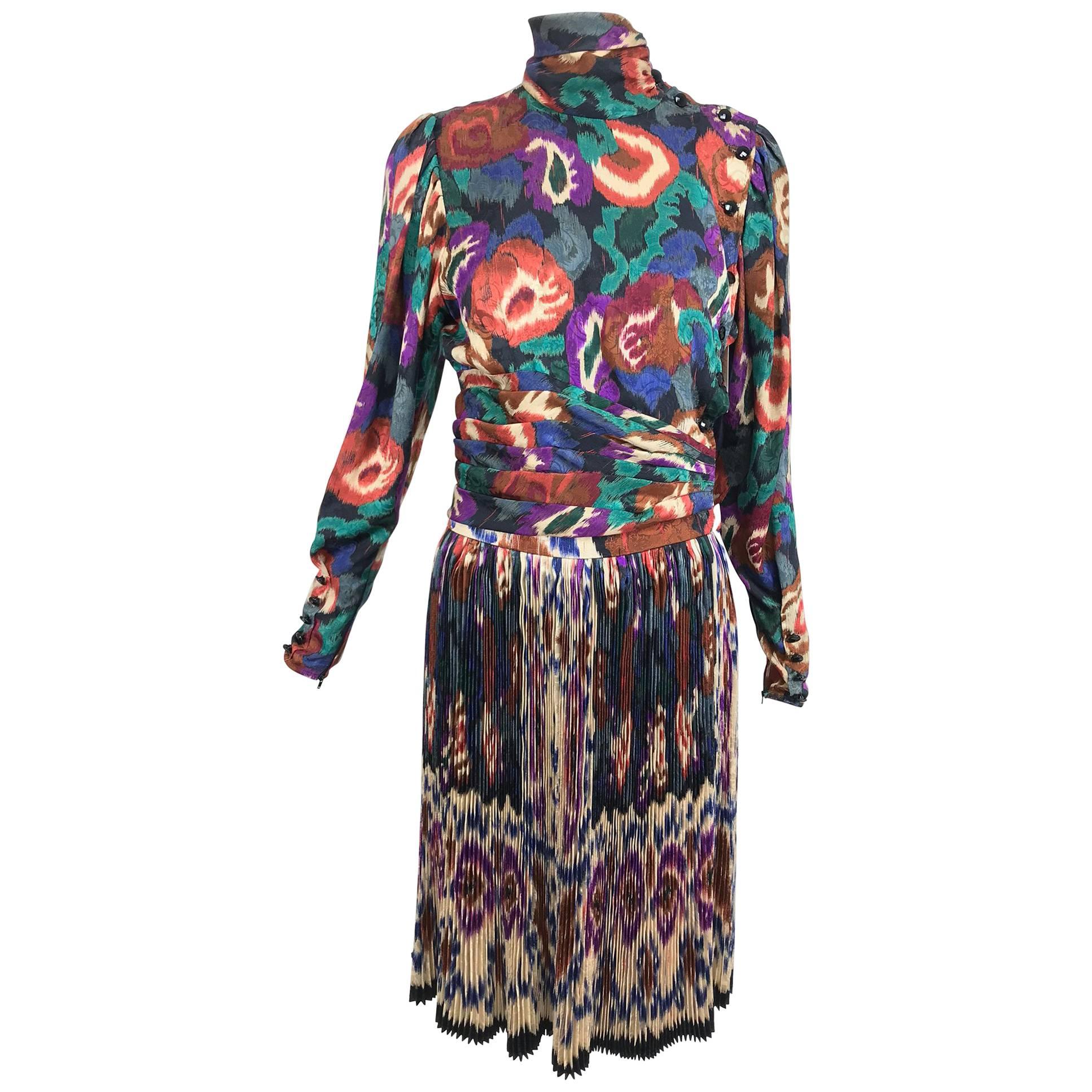 Vintage Ungaro rich silk jacqard ikat print pleated skirt and top 1980s