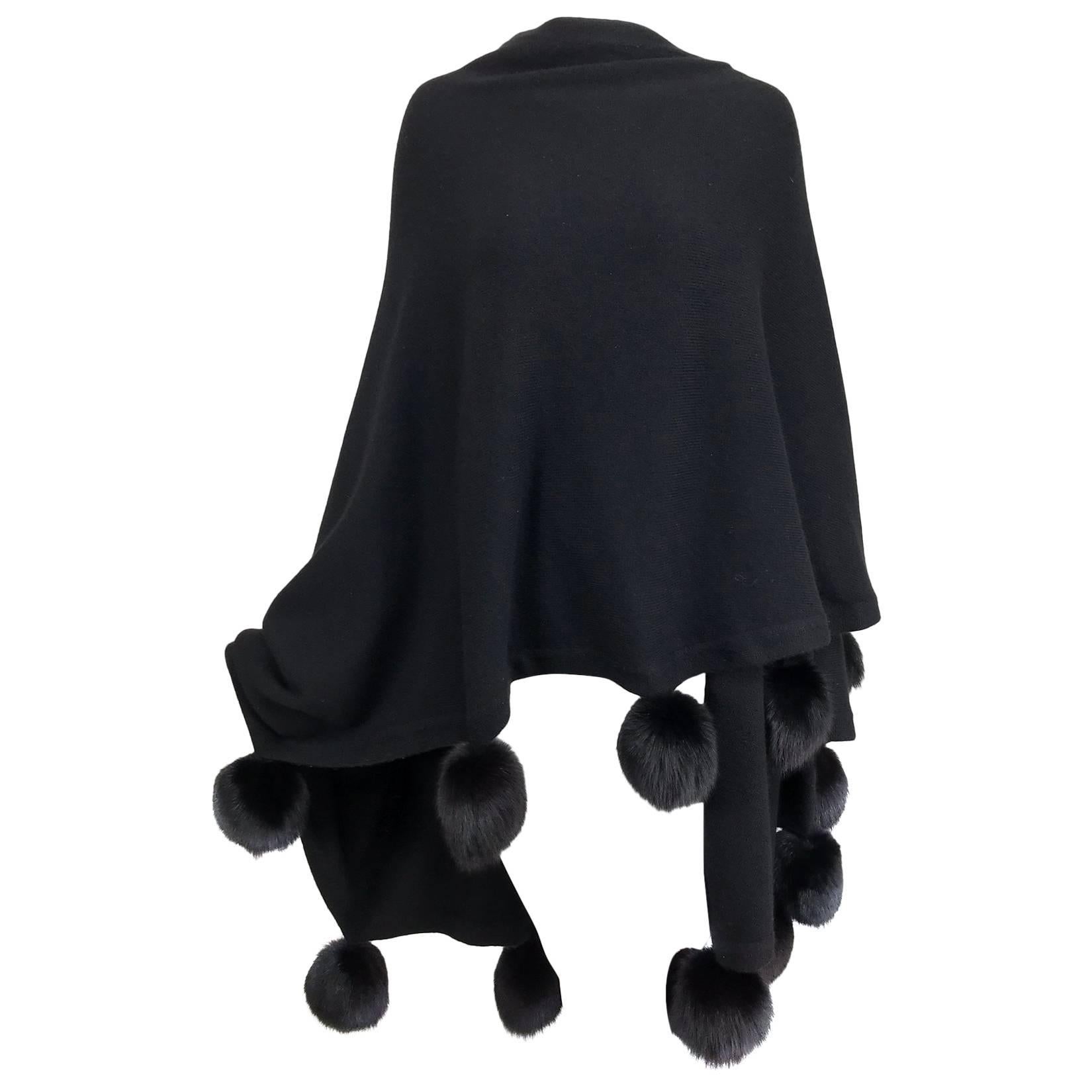 Black cashmere wool knit cape wrap with black mink pom pom trims 