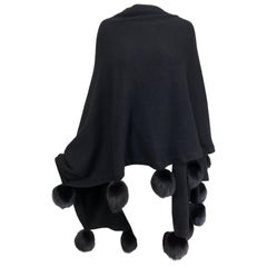 Black cashmere wool knit cape wrap with black mink pom pom trims