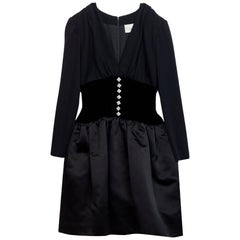 Oscar De La Renta Vintage Black Wool & Velvet Dress with Rhinestones Sz 8