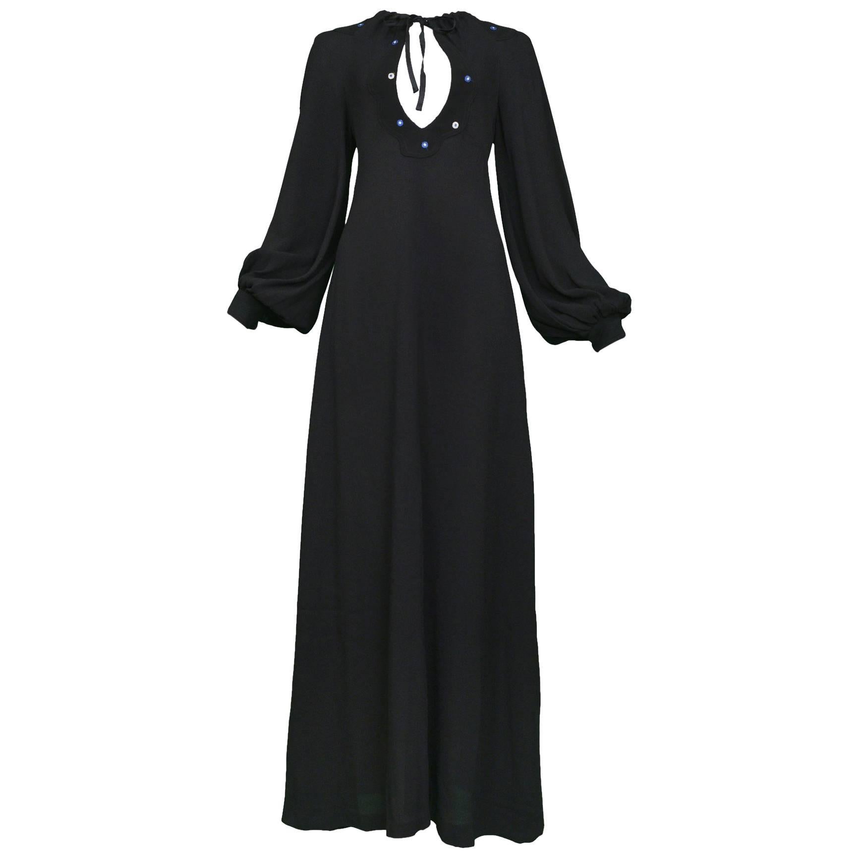 Ossie Clark Black Crepe "Keyhole" Gown with Embroidery, 1970s