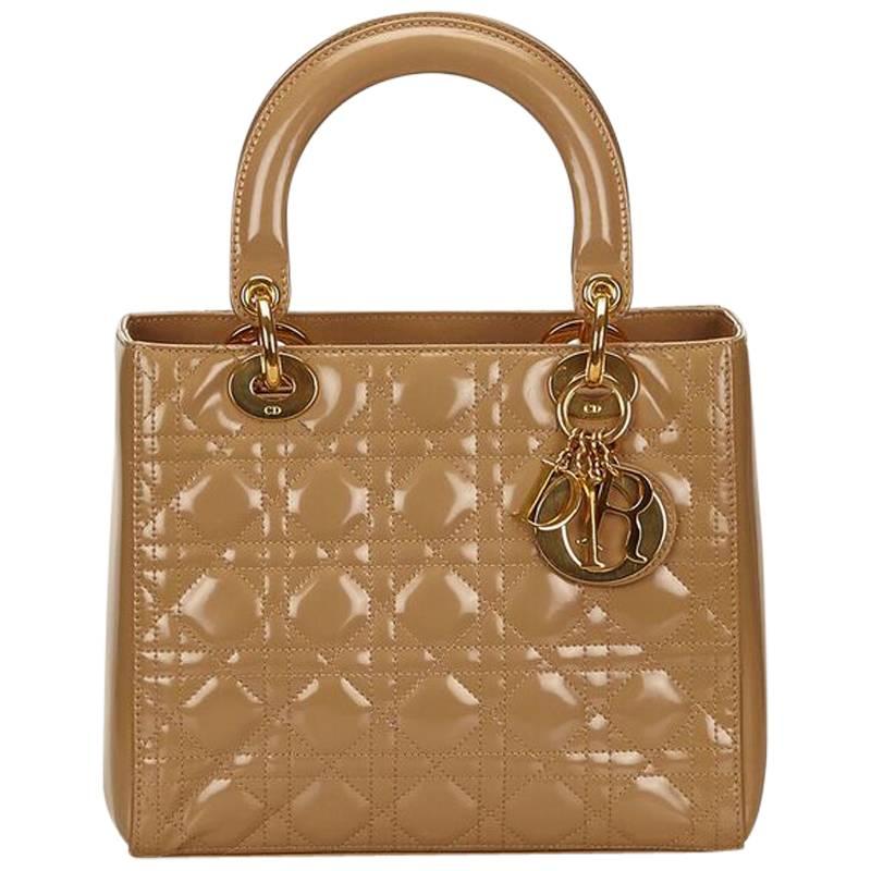 Tan Christian Dior Patent Leather Lady Dior Bag
