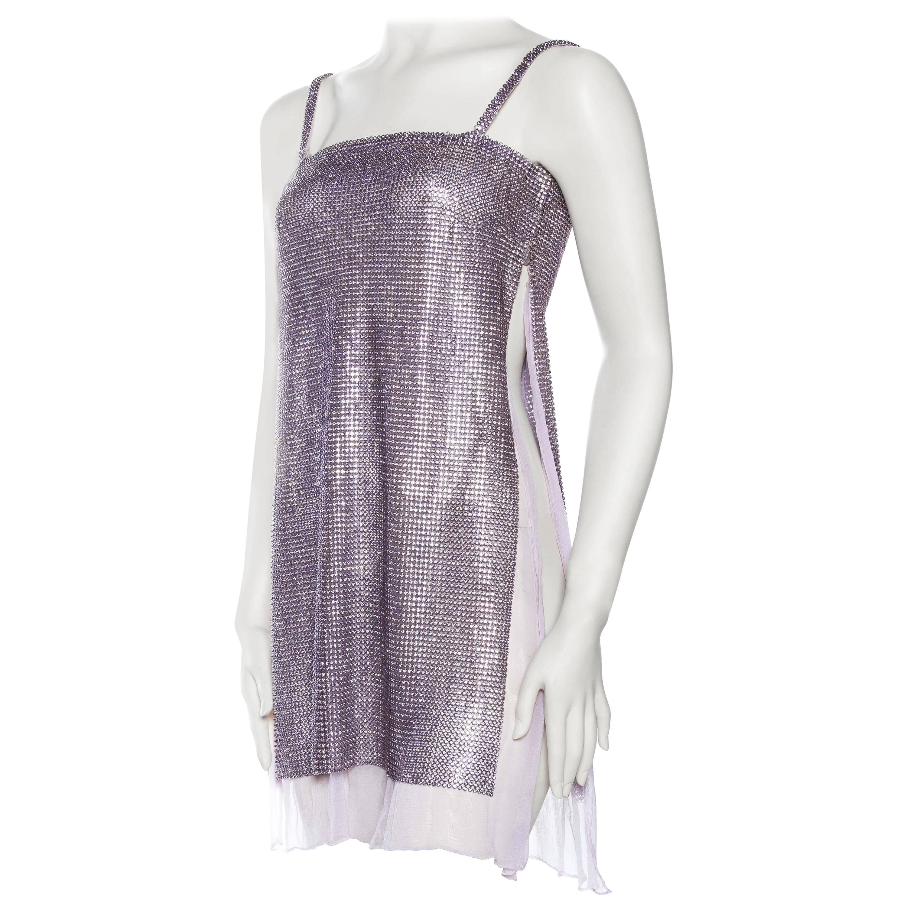 1990S GIANNI VERSACE Lilac Silk Chiffon & Crystal Metal Mesh Cocktail Dress Wit For Sale
