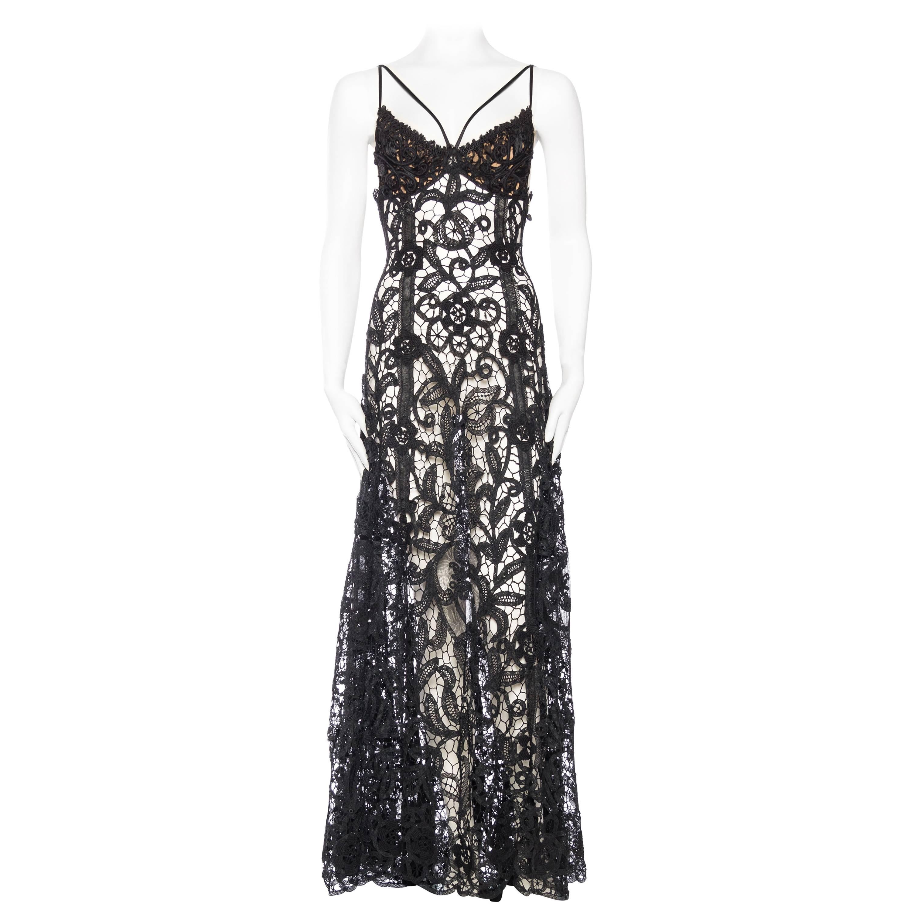 Black Silk Sheer Antique Handmade Lace Gown