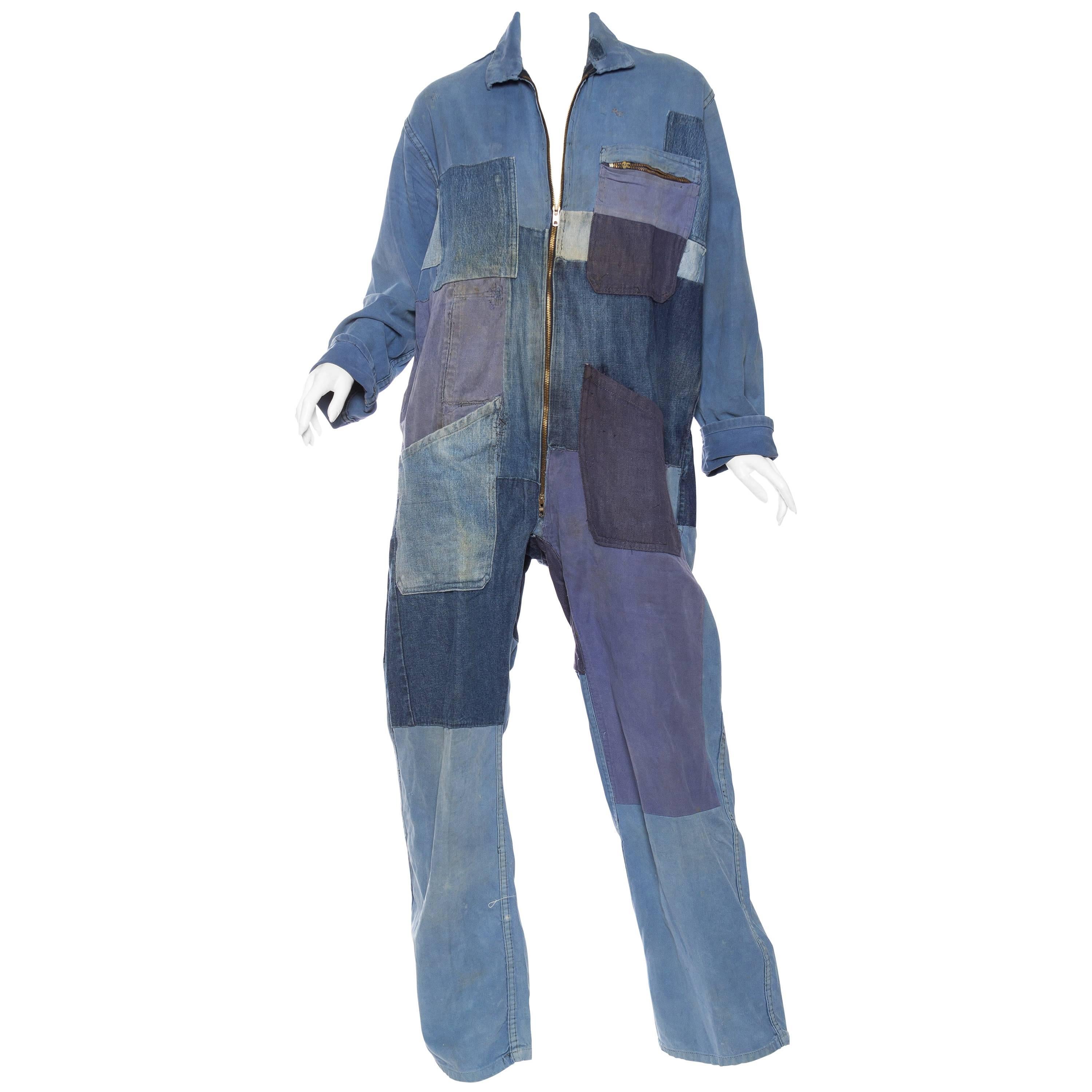 Denim Patchwork French Workwear Coverall Jumpsuit