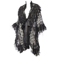 Victorian Black Silk Handmade Lace Dolman Style Fringed Cape From Paris