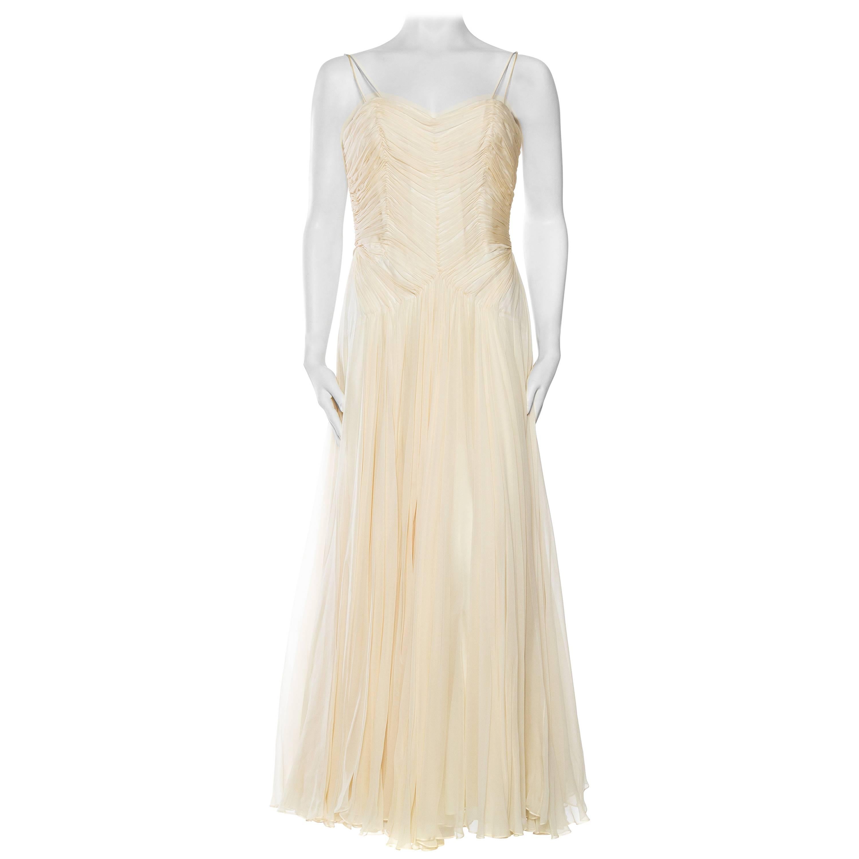 1960S RICHILENE Ivory Demi-Couture Silk Chiffon Mdm Gres Style Goddess Gown Wit For Sale