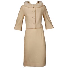 1960s Bullock's Vintage Cream Wool Jacket + Skirt Suit Ensemble with Mink Fur