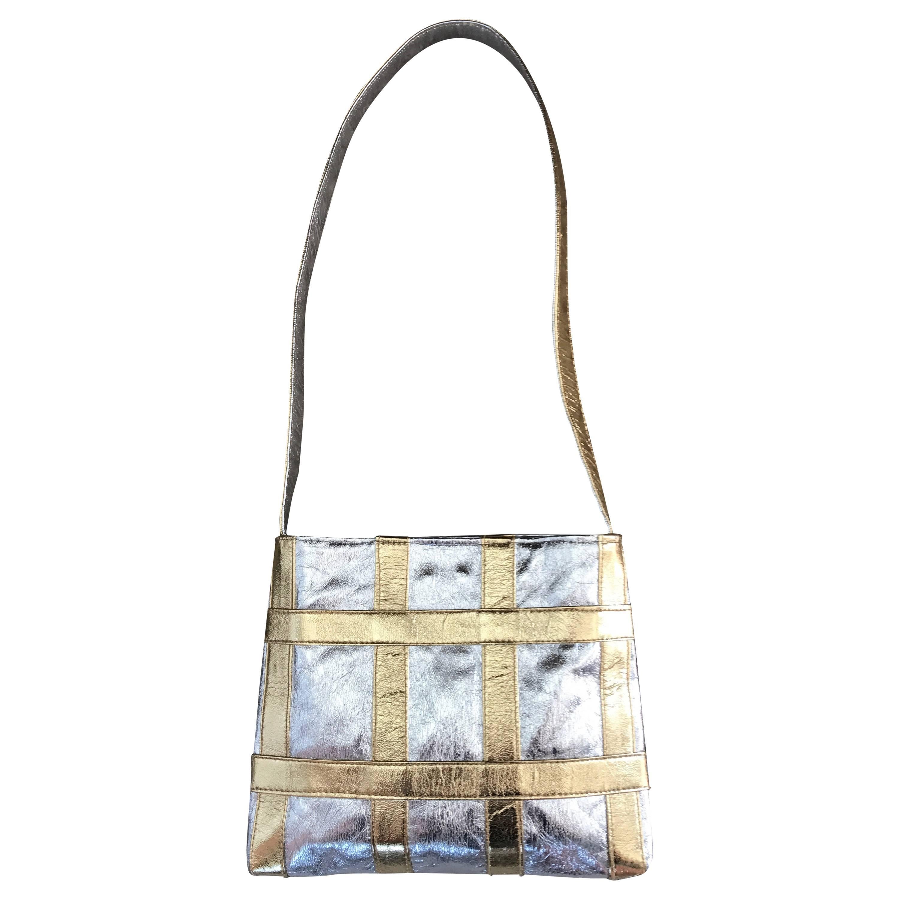 1960s Walborg Italian Leather Silver and Gold Geometric Vintage Shoulder Bag  