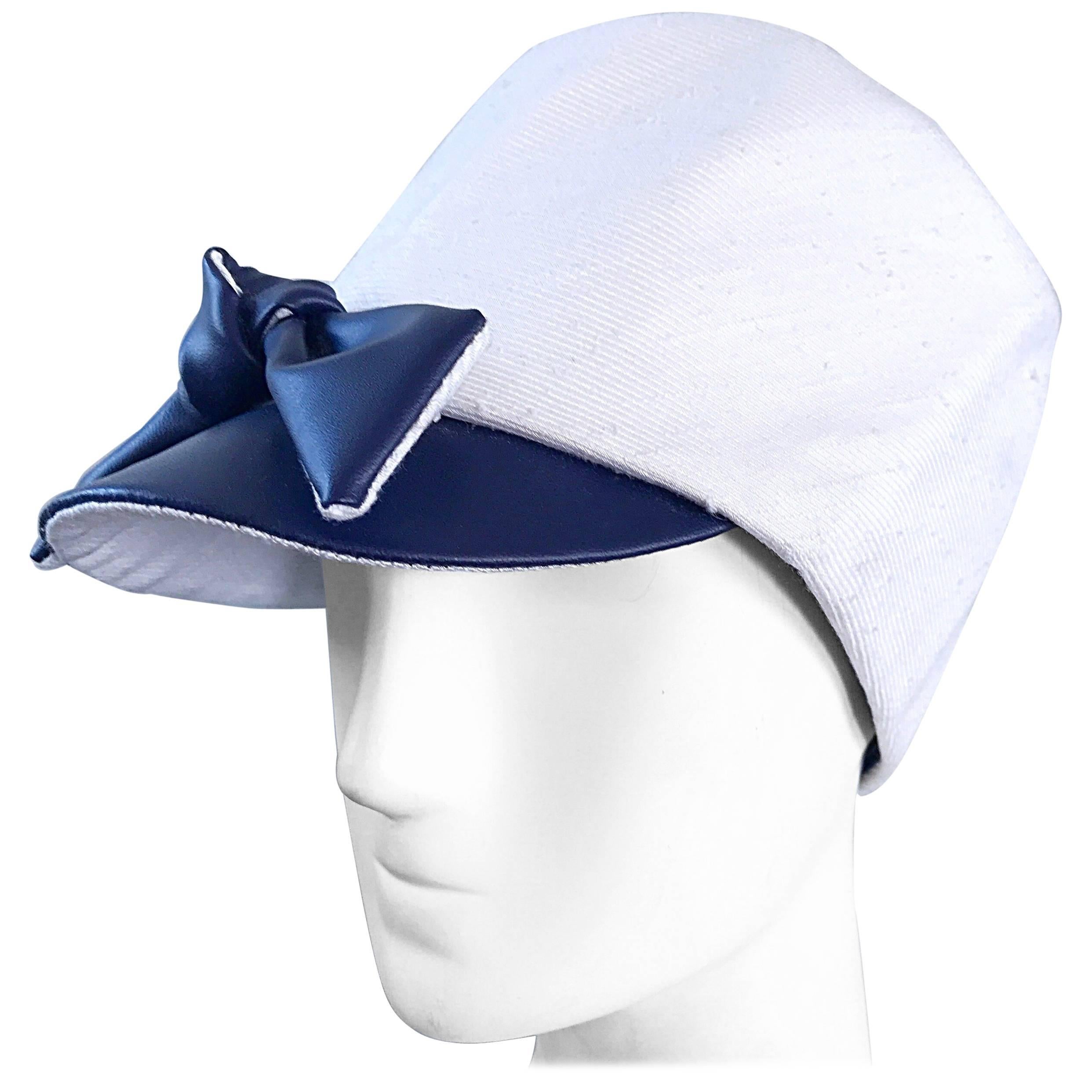 1960s Oleg Cassini Navy Blue + White Mod Linen + Silk Nautical Vintage 60s Hat 