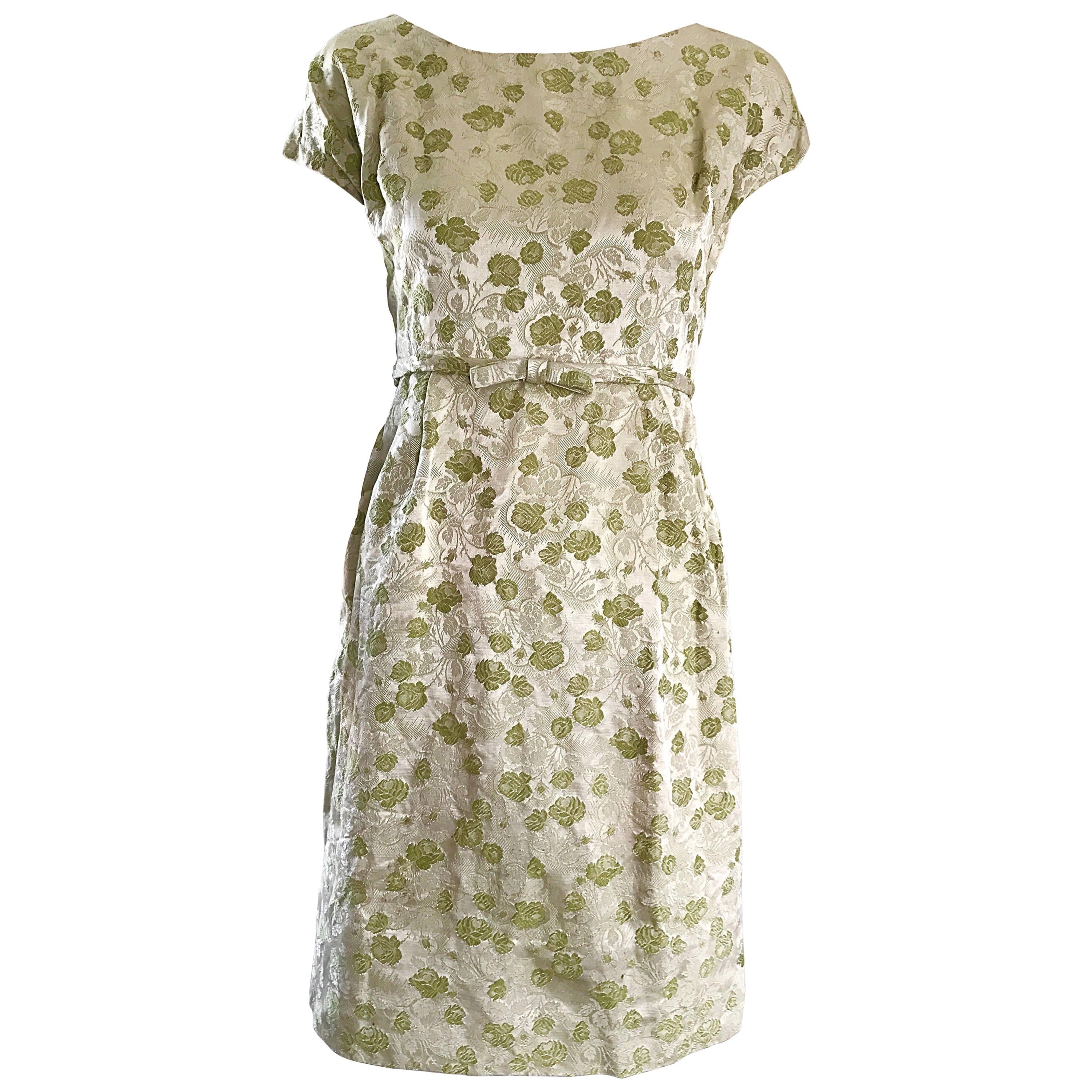 1950s Demi Couture Avocado Green Silk Brocade Vintage 50s Cap Sleeve Dress