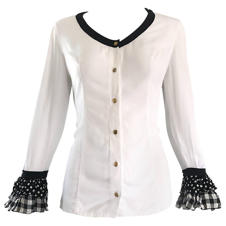 Vintage Gianni Versace 1990s Black and White Polka Dot Plaid 90s Blouse