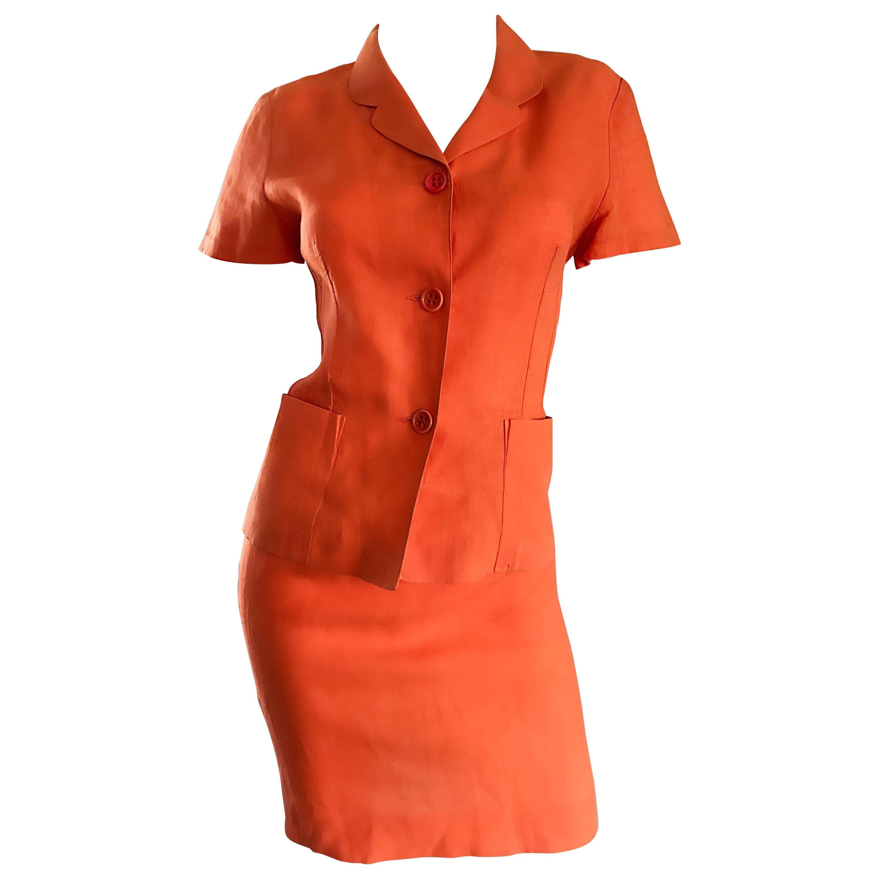 1990s Kenzo Bright Orange Linen Vintage Short Sleeve Two Piece Jacket Skirt Suit