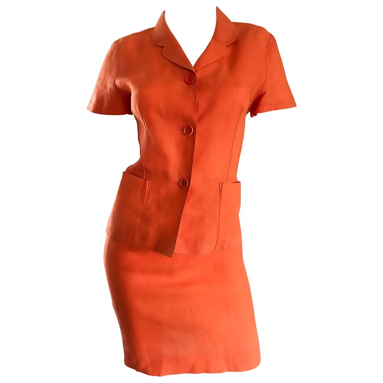 1990s Kenzo Bright Orange Linen Vintage Short Sleeve Two Piece