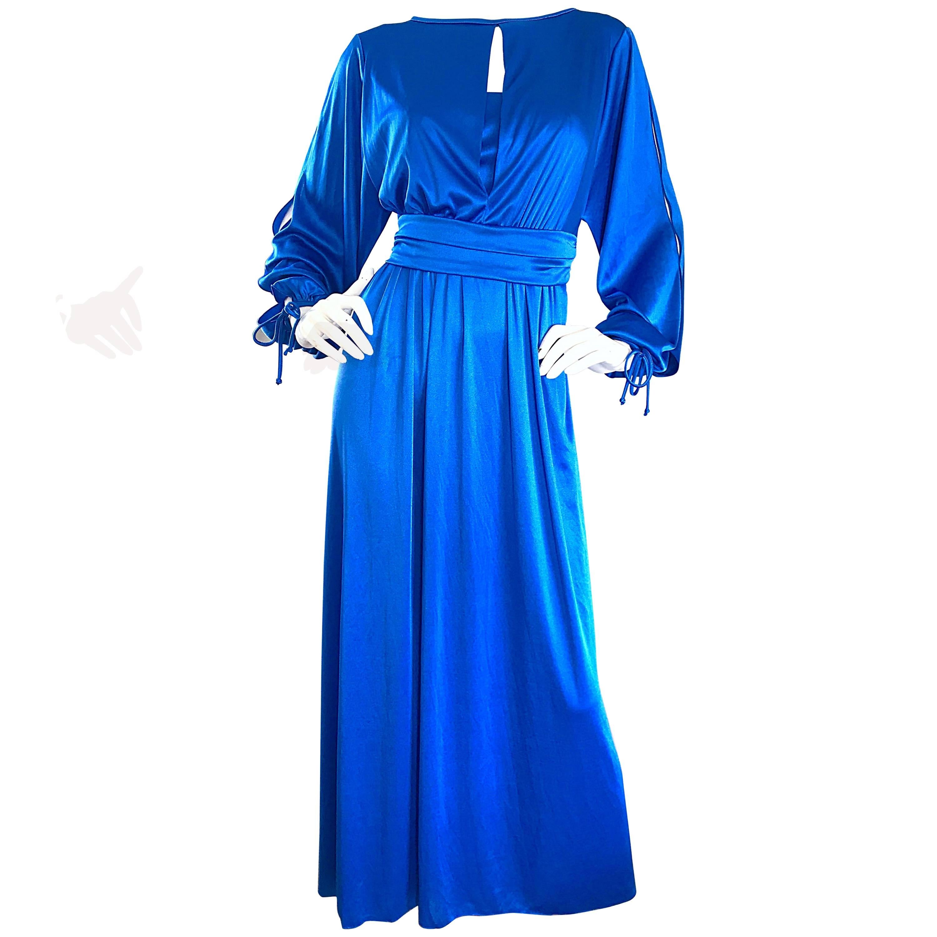 1970s House of Bianchi Royal Blue Cold Shoulder Vintage 70s Maxi Dress Gown
