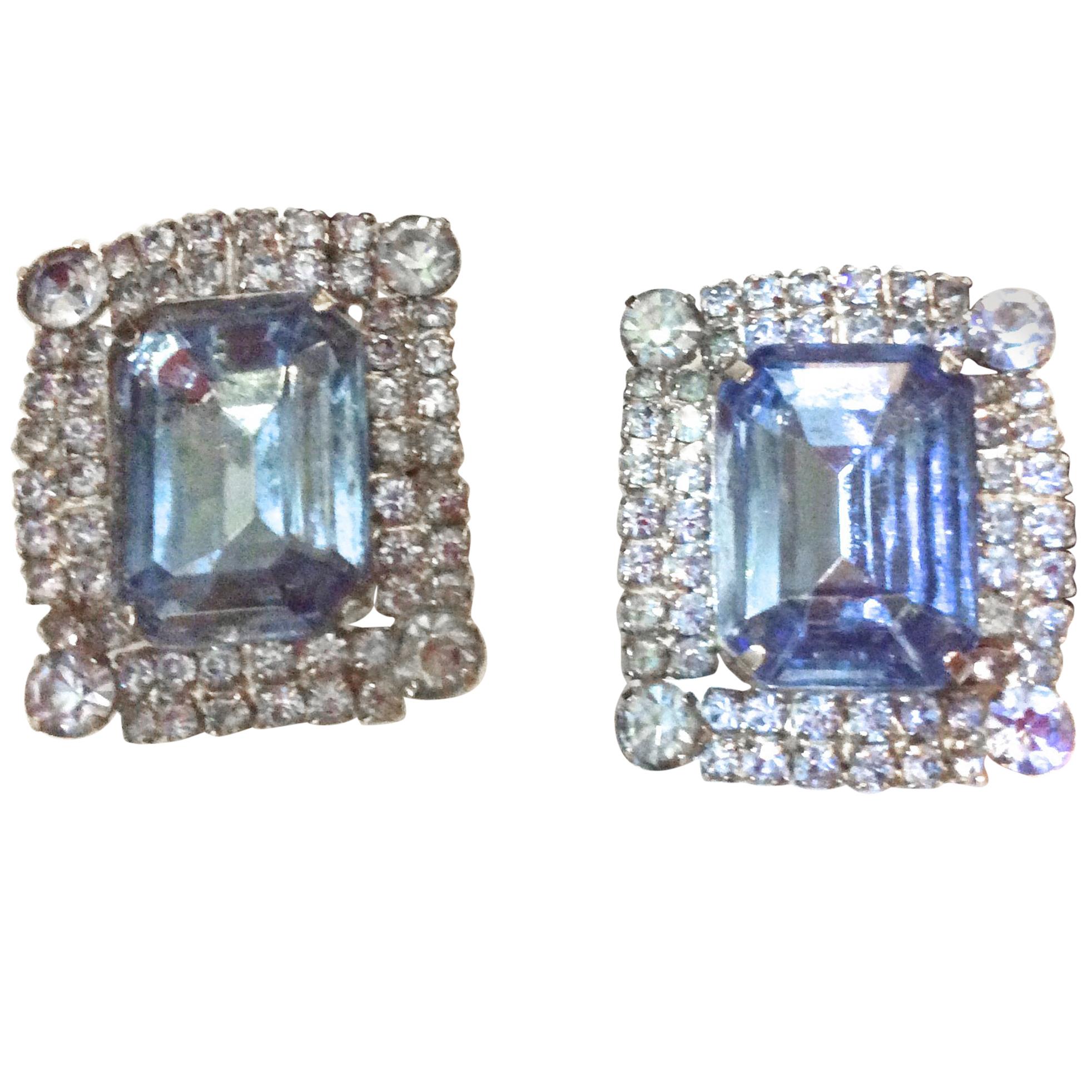 Magnificent Blue Rhinestone Clip Earrings - Early 1960's - Highly Unusual For Sale