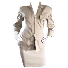 Thierry Mugler 1980s Khaki Safari Two Piece Retro Bodycon 80s Skirt Suit