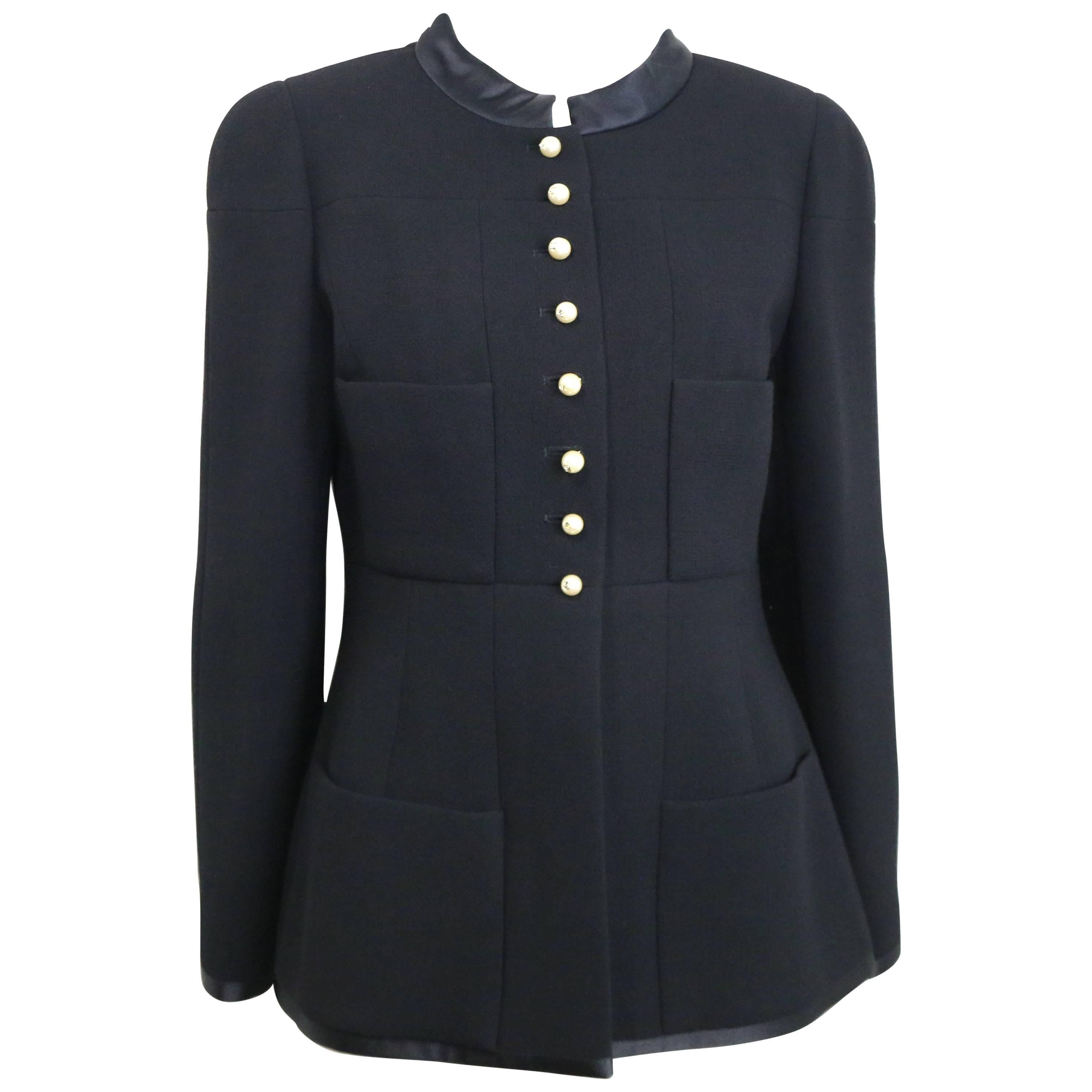 Chanel Black Wool and Silk Jacket with Faux "CC" Pearls Buttons