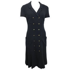 Retro Chanel Black Wool Short Sleeves Double Breasted Long Dress 