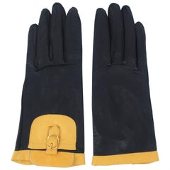 Italienische schwarz-braune Lederhandschuhe mit Tasche, um 1980