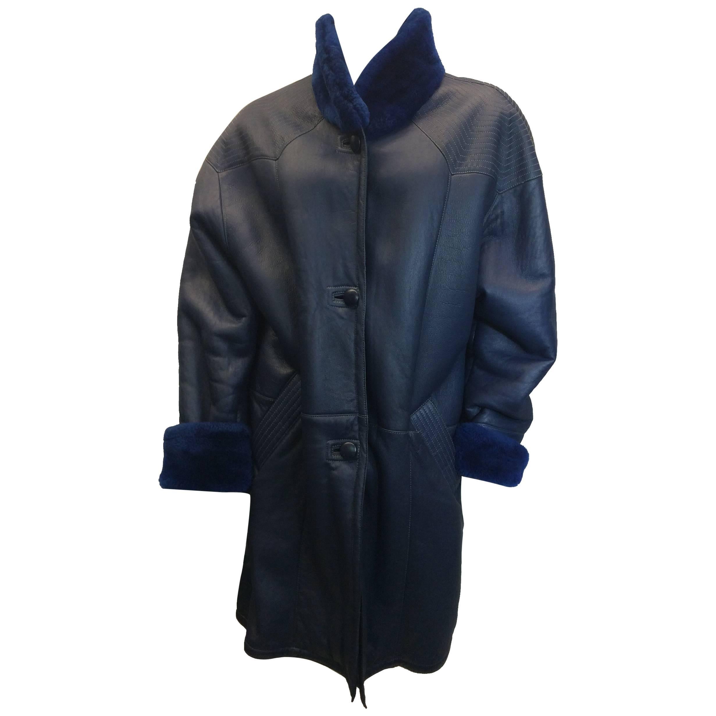 Tornopols Blue Shearling Leather Coat For Sale