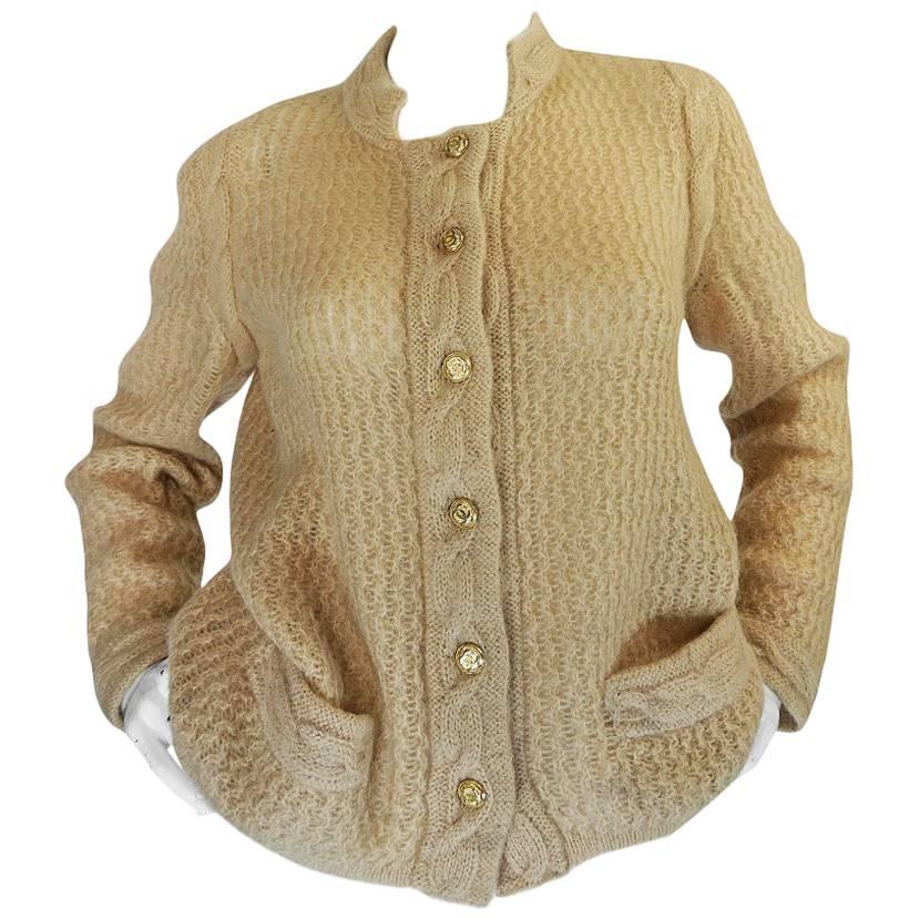 1970s Chanel Creations Camel Color Knit Sweater Cardigan