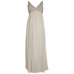 1960's Malcolm Starr Beaded Ivory-Creme Silk Chiffon Empire Plunge Goddess Gown