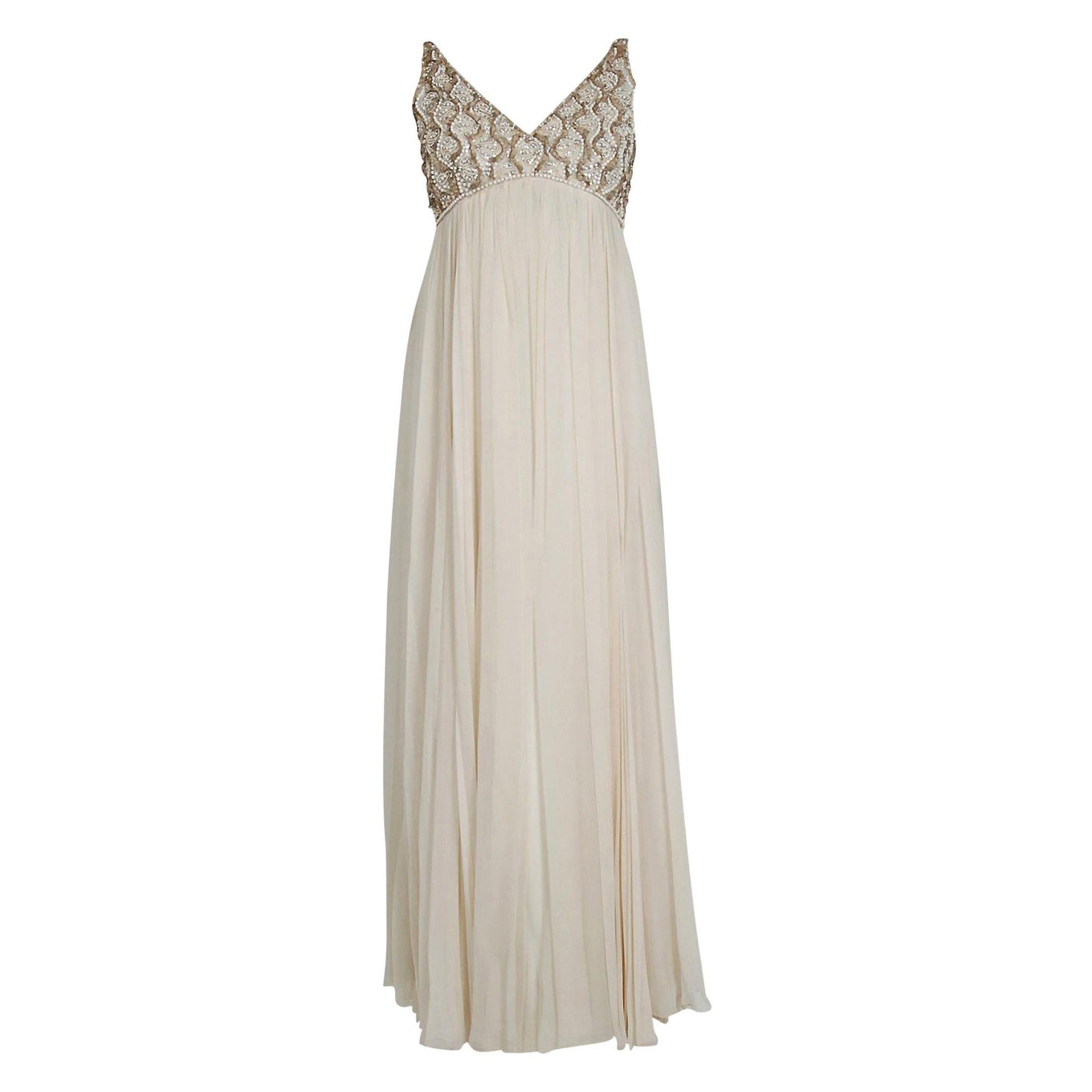 Vintage 1960's Malcolm Starr Beaded Ivory Chiffon Empire Goddess Bridal Gown For Sale