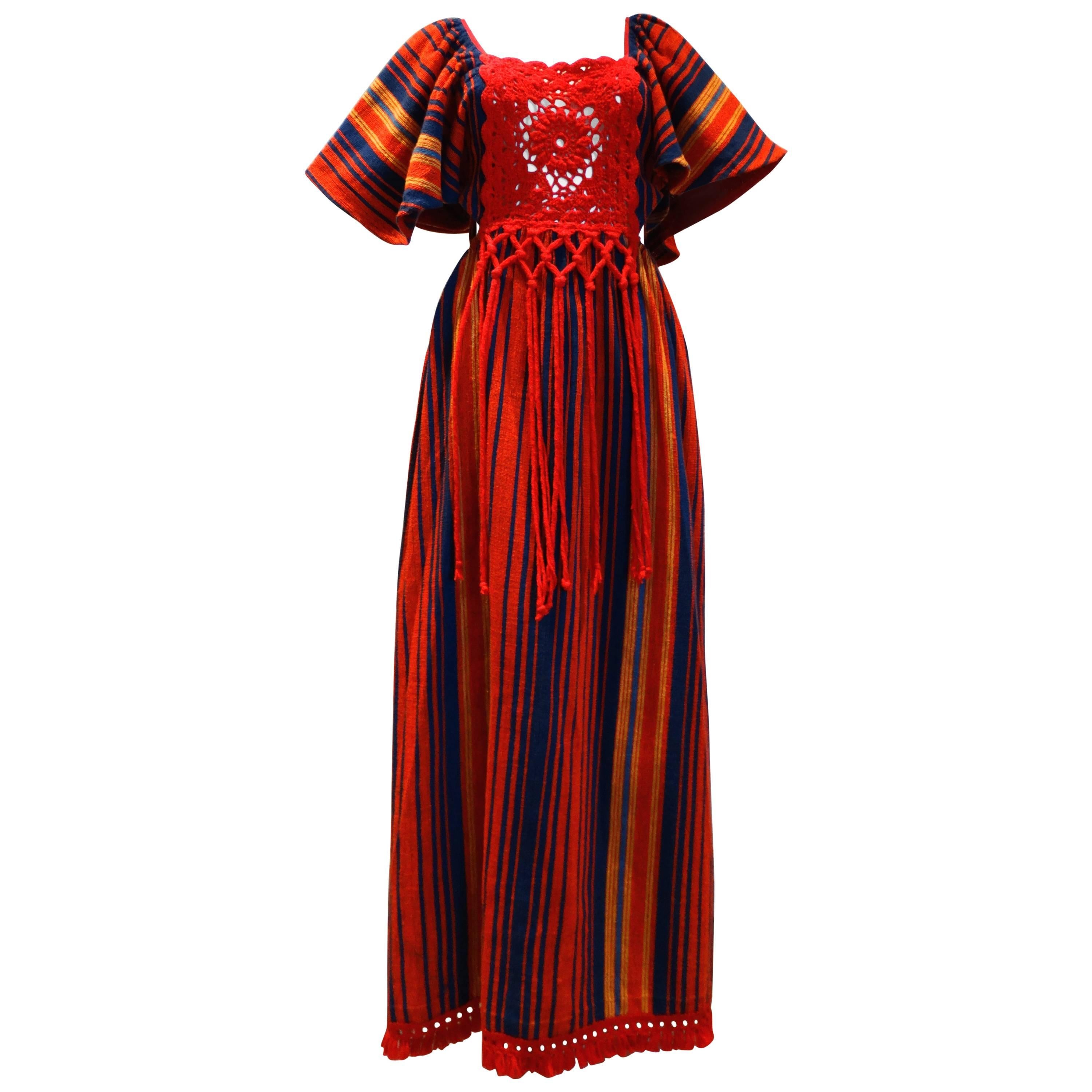 1970s Rikma Bohemian Crochet W/Fringe Maxi Dress