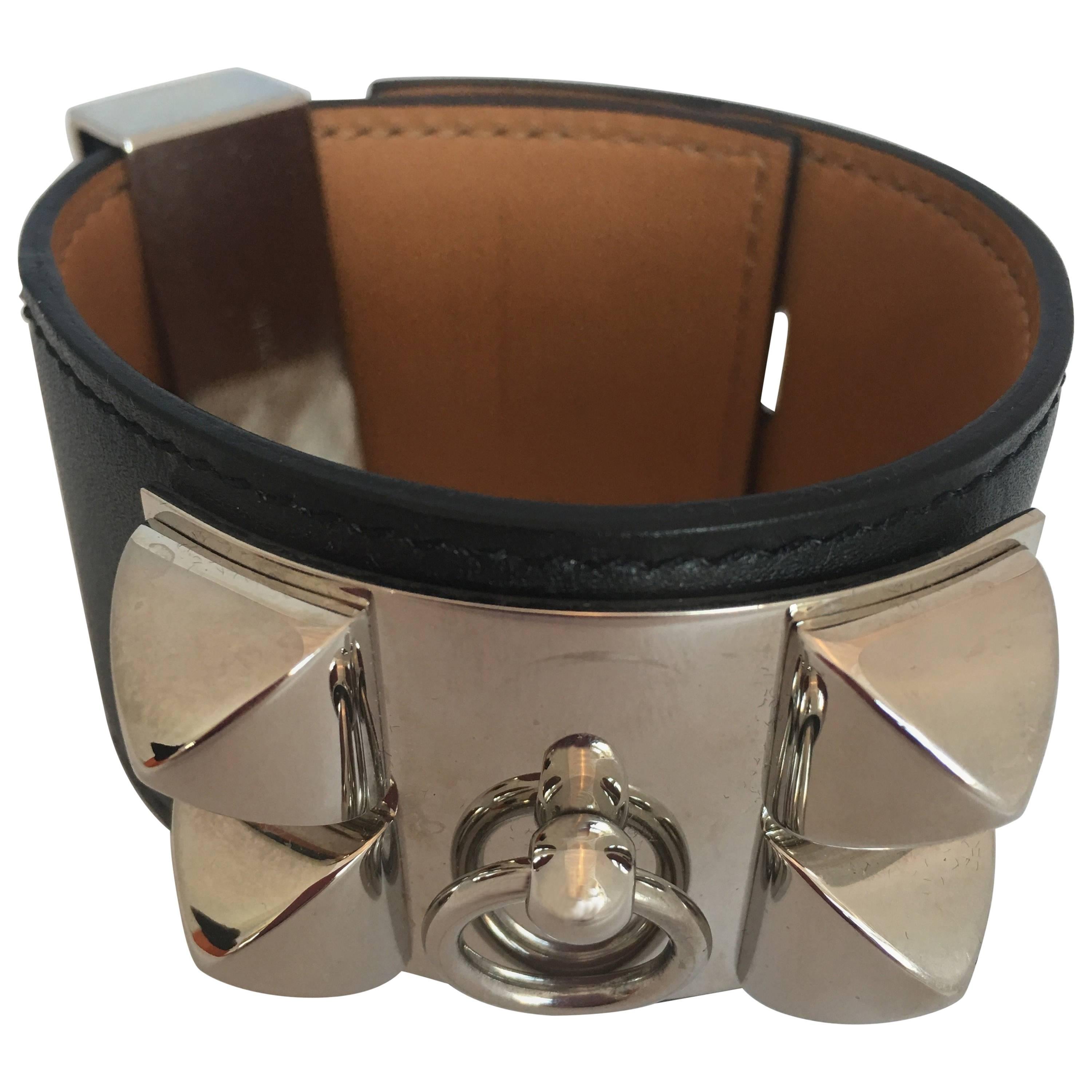 Hermes Cuir Collier de Chien Black & Silver Leather Cuff Bracelet