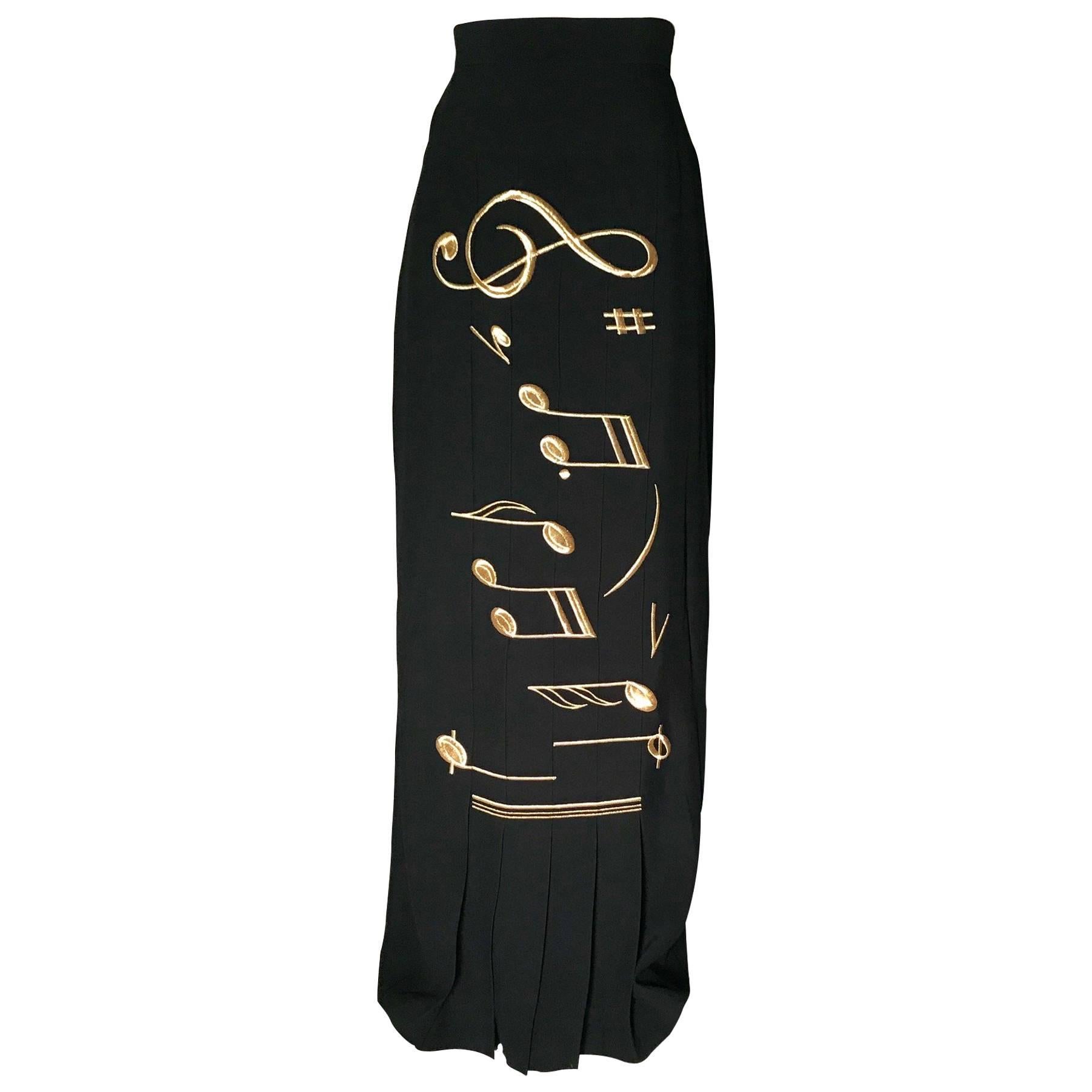 Moschino Gold Music Note Print Black Pleated Maxi Skirt, 1990s 