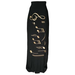 Moschino Gold Music Note Print Black Pleated Maxi Skirt, 1990s