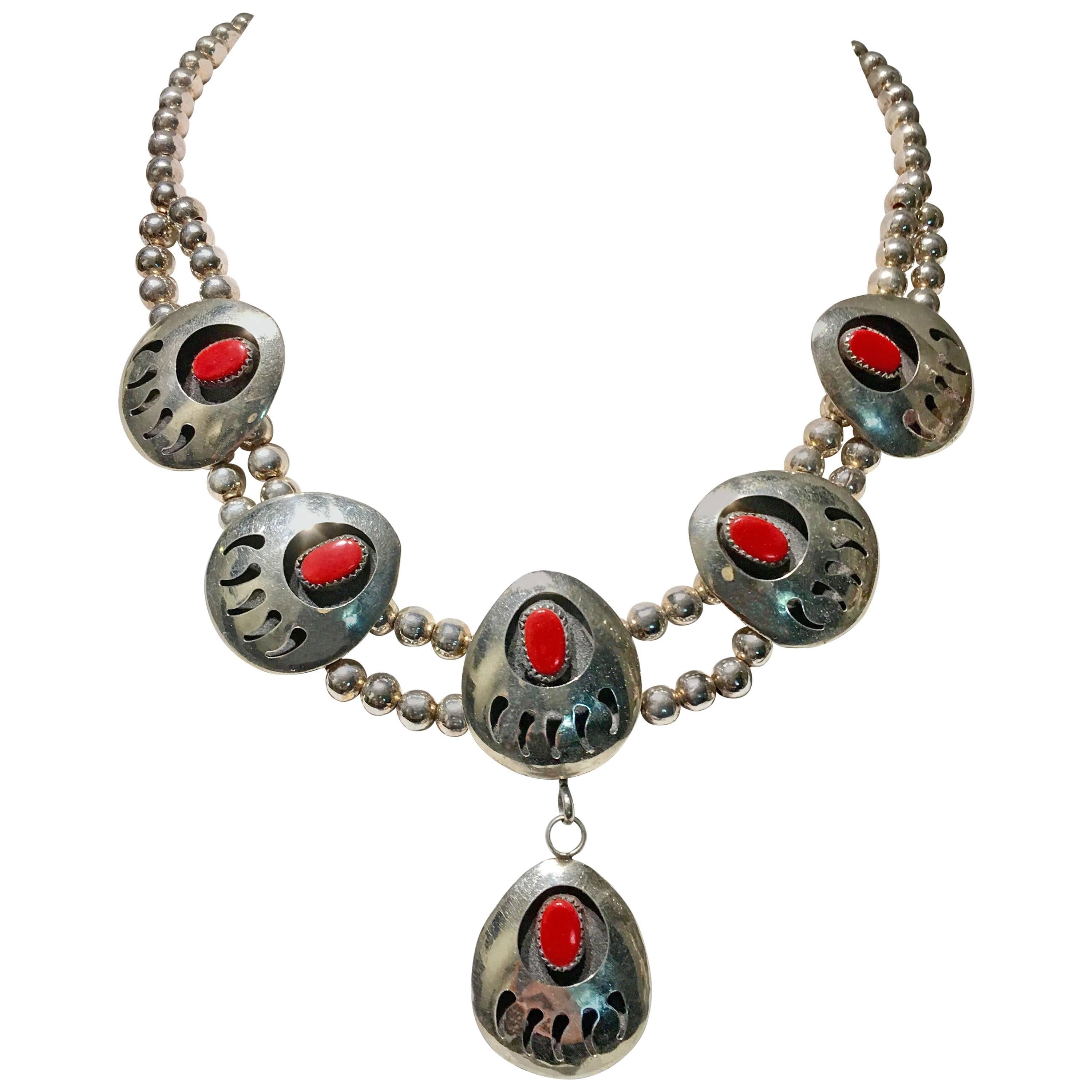 Vintage Native American Style Sterling & Coral Squash Blossom Necklace