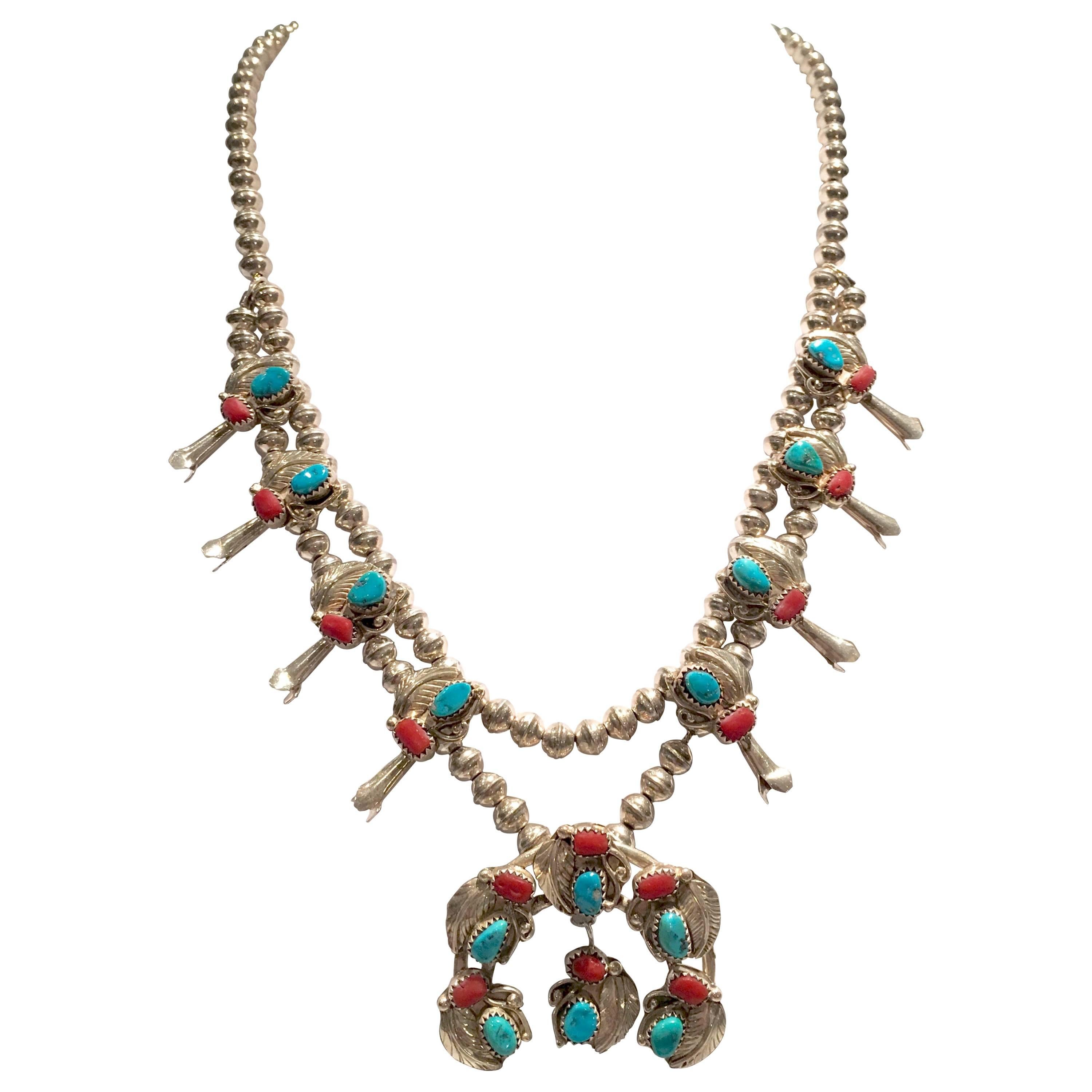 Vintage Navajo Sterling Turquoise & Coral Squash Blossom Necklace